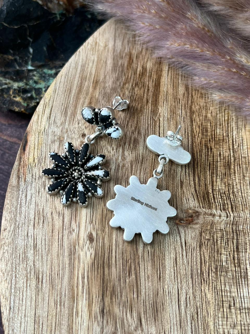 Handmade Sterling Silver White Buffalo Post Dangle Earrings "Signed Nizhoni"