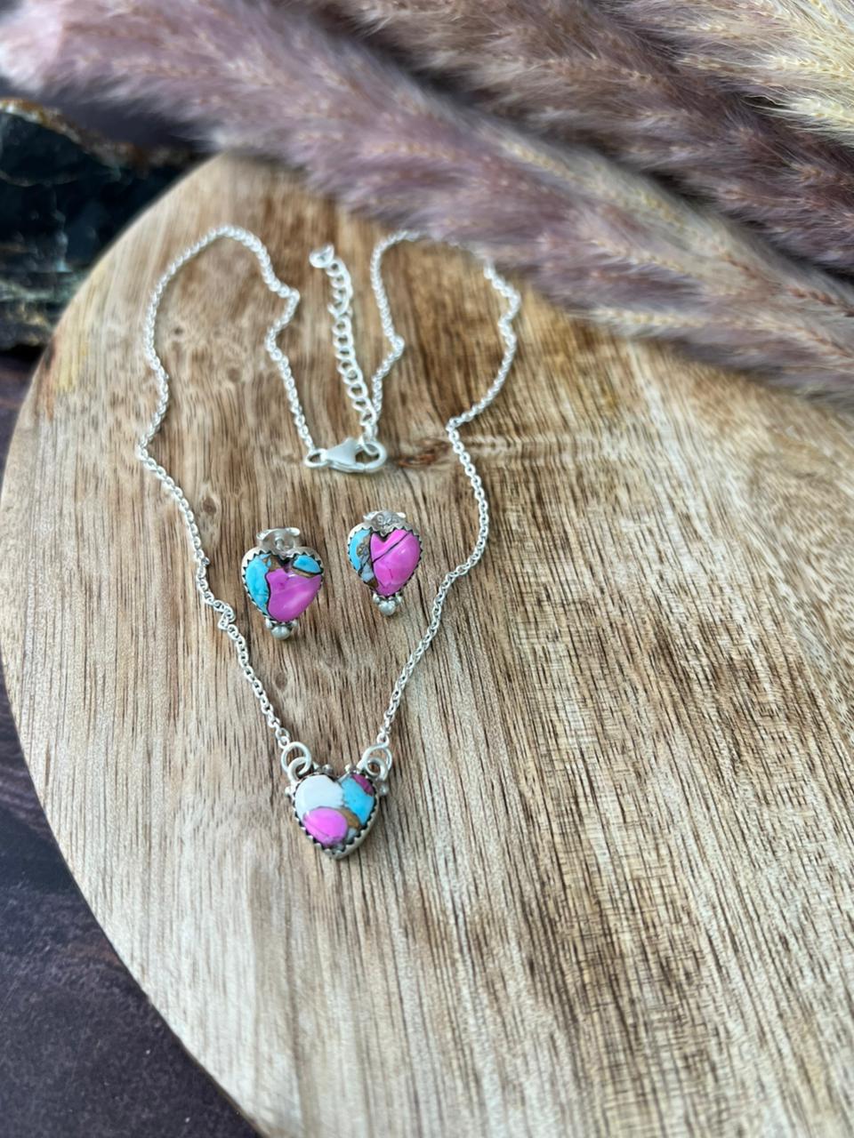 Handmade Sterling Silver Cotton Candy Heart Necklace Earrings Set "Signed Nizhoni"