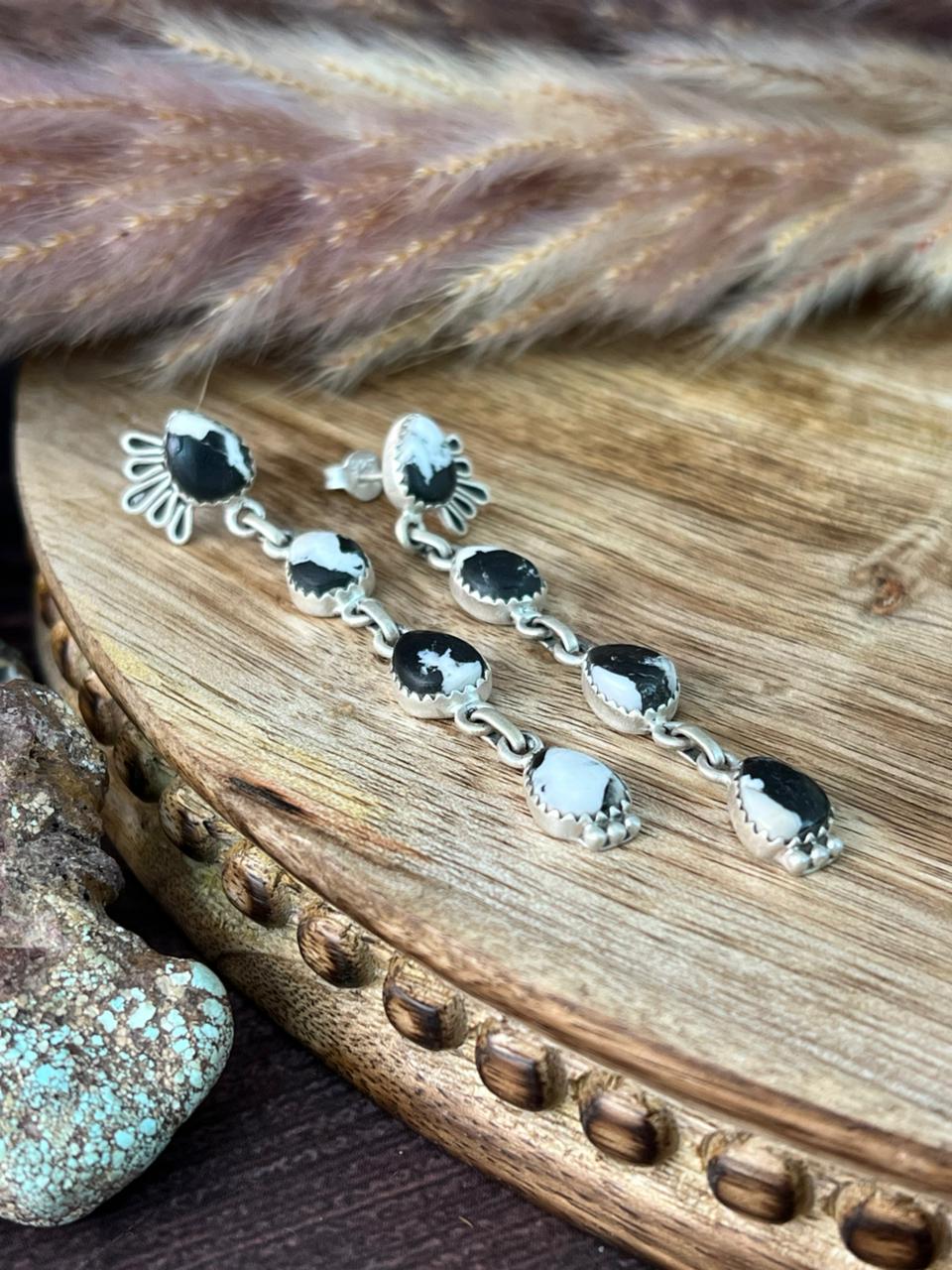 Handmade Sterling Silver White Buffalo Post Dangle Earrings "Signed Nizhoni"