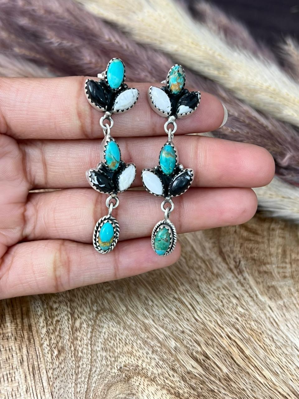 Handmade Sterling Silver Kingman Turquoise with White Buffalo Post Dangle Earrings "Signed Nizhoni"