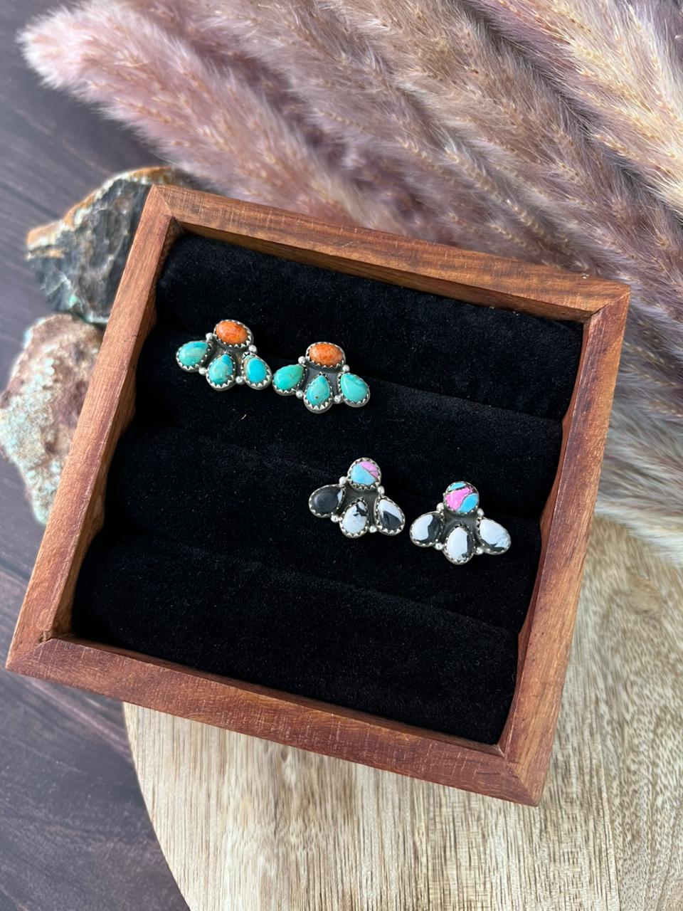 Handmade Sterling Silver Orange Mojave with Kingman Turquoise and Cotton Candy with White Buffalo Post Studs Earrings "Signed Nizhoni"