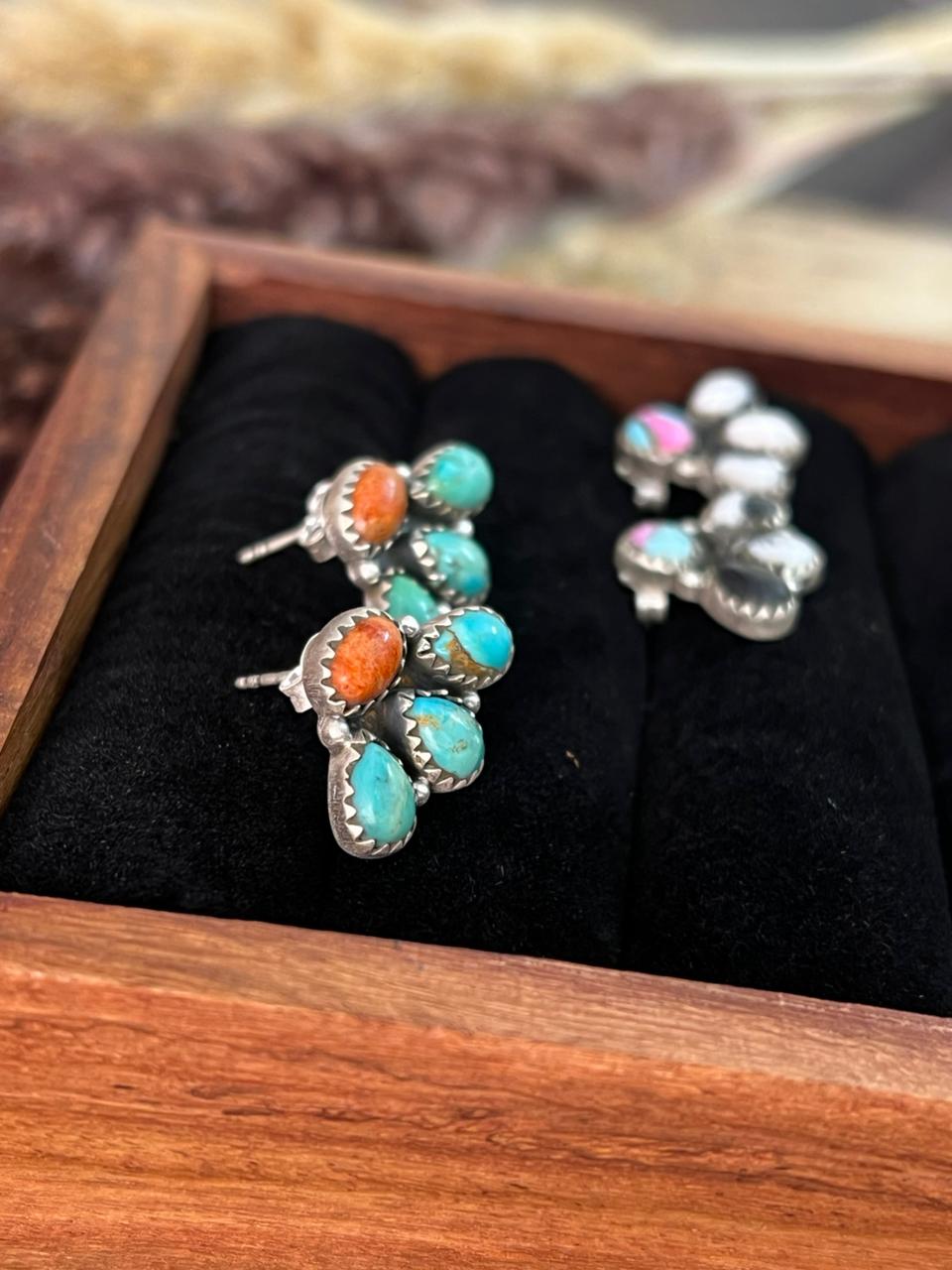 Handmade Sterling Silver Orange Mojave with Kingman Turquoise and Cotton Candy with White Buffalo Post Studs Earrings "Signed Nizhoni"