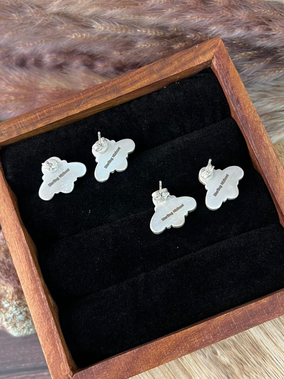 Handmade Sterling Silver Orange Mojave with Kingman Turquoise and Cotton Candy with White Buffalo Post Studs Earrings "Signed Nizhoni"