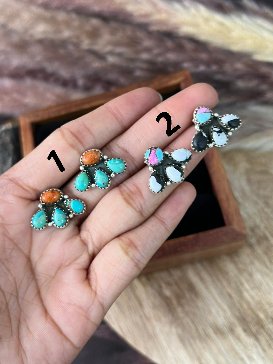 Handmade Sterling Silver Orange Mojave with Kingman Turquoise and Cotton Candy with White Buffalo Post Studs Earrings "Signed Nizhoni"