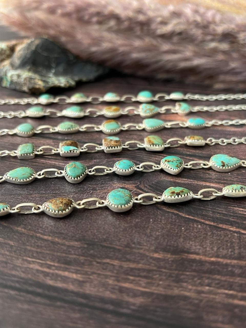 Handmade Sterling Silver Baja Turquoise Collection: Chain Bracelet "Signed Nizhoni"
