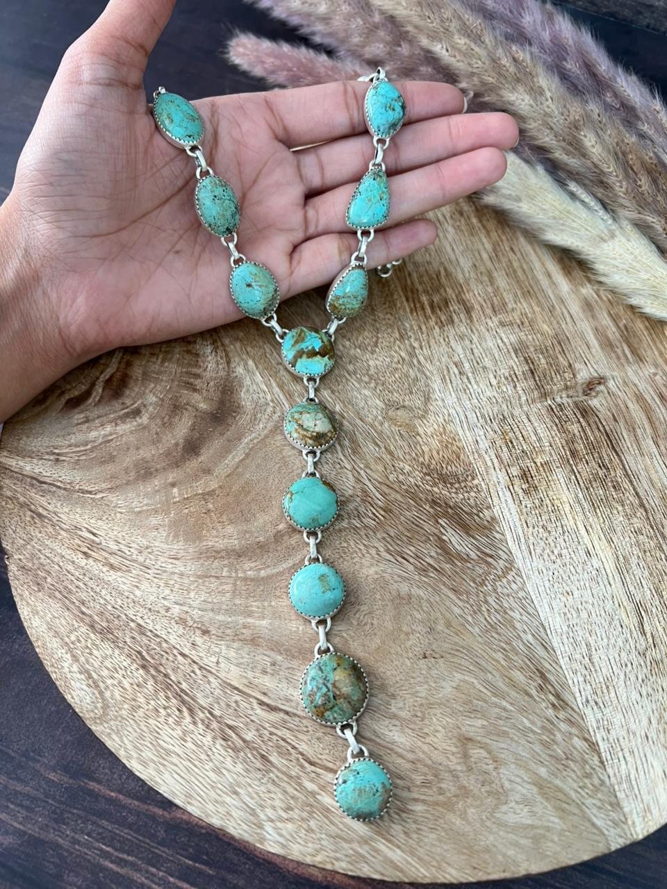 Handmade Sterling Silver Baja Turquoise Collection: 'Y Shaped' Necklace "Signed Nizhoni"