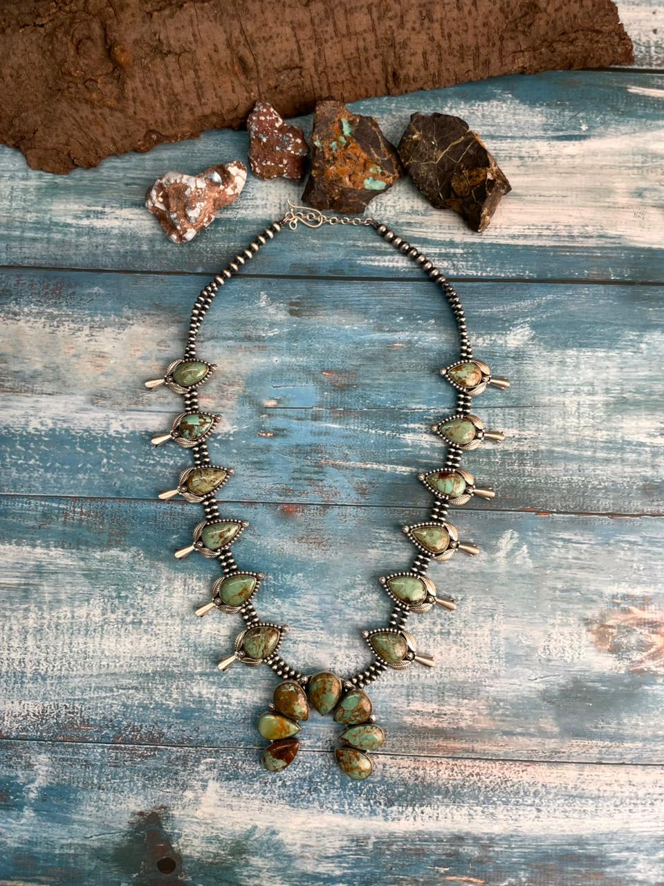 Handmade Sterling Silver Baja Turquoise Collection: Beaded Naja Squash Blossom Necklace "Signed Nizhoni"