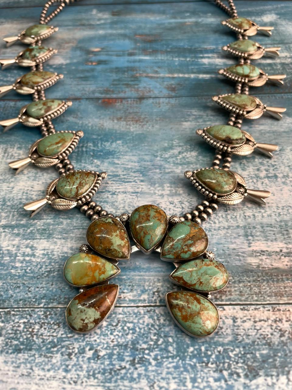 Handmade Sterling Silver Baja Turquoise Collection: Beaded Naja Squash Blossom Necklace "Signed Nizhoni"