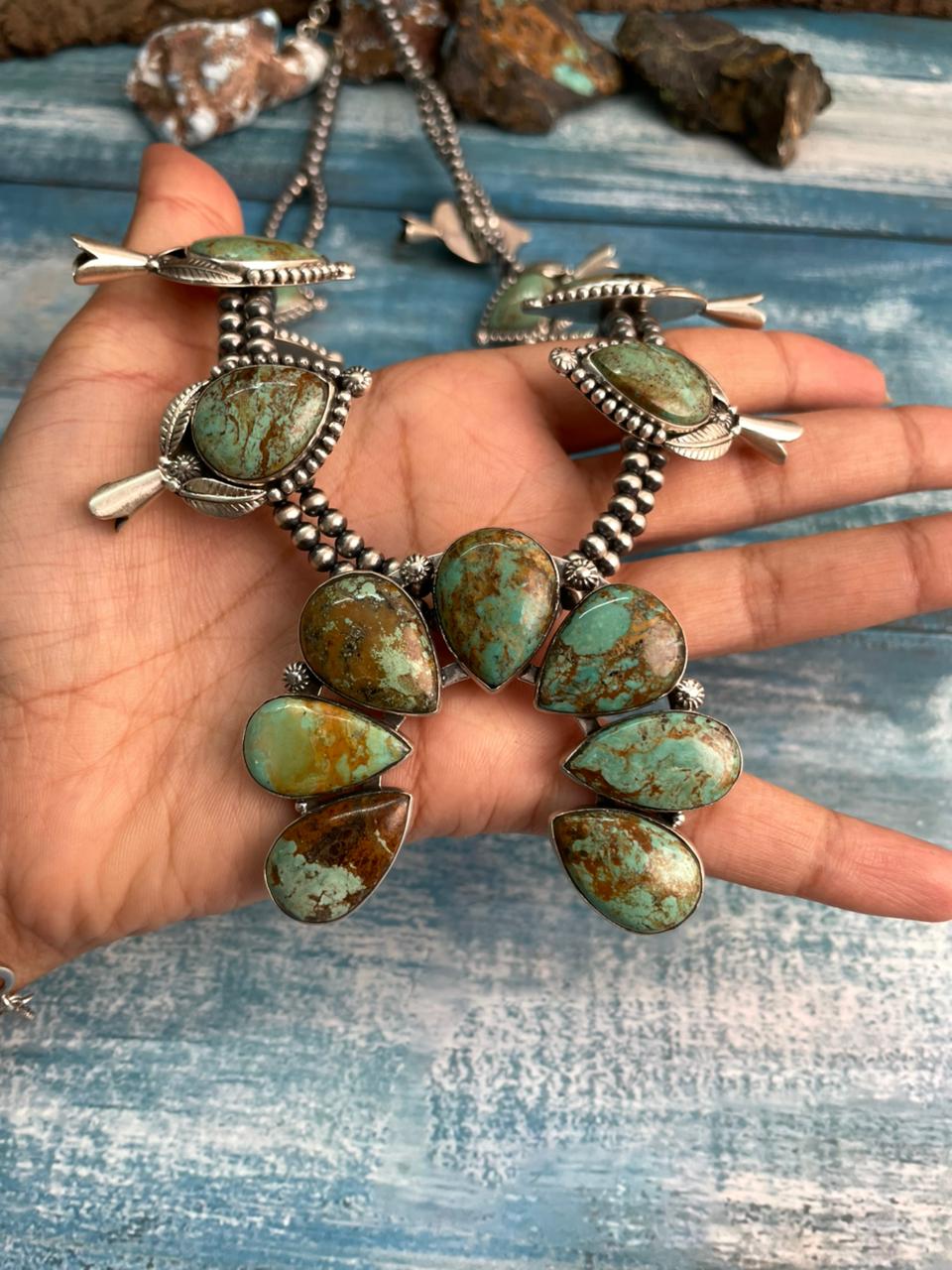 Handmade Sterling Silver Baja Turquoise Collection: Beaded Naja Squash Blossom Necklace "Signed Nizhoni"
