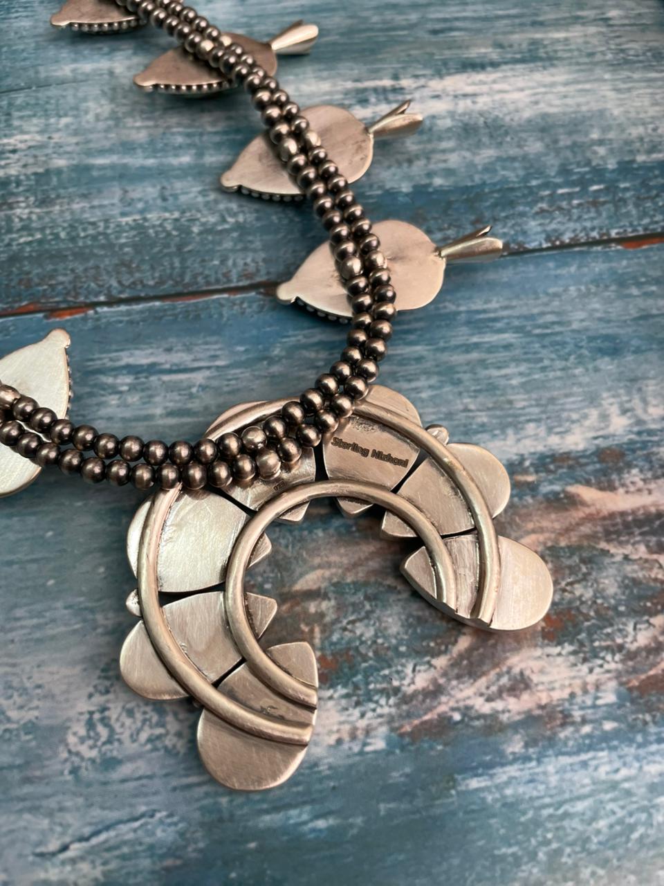 Handmade Sterling Silver Baja Turquoise Collection: Beaded Naja Squash Blossom Necklace "Signed Nizhoni"
