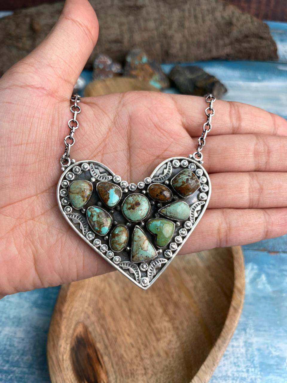 Handmade Sterling Silver Baja Turquoise Collection: Heart Necklace "Signed Nizhoni"