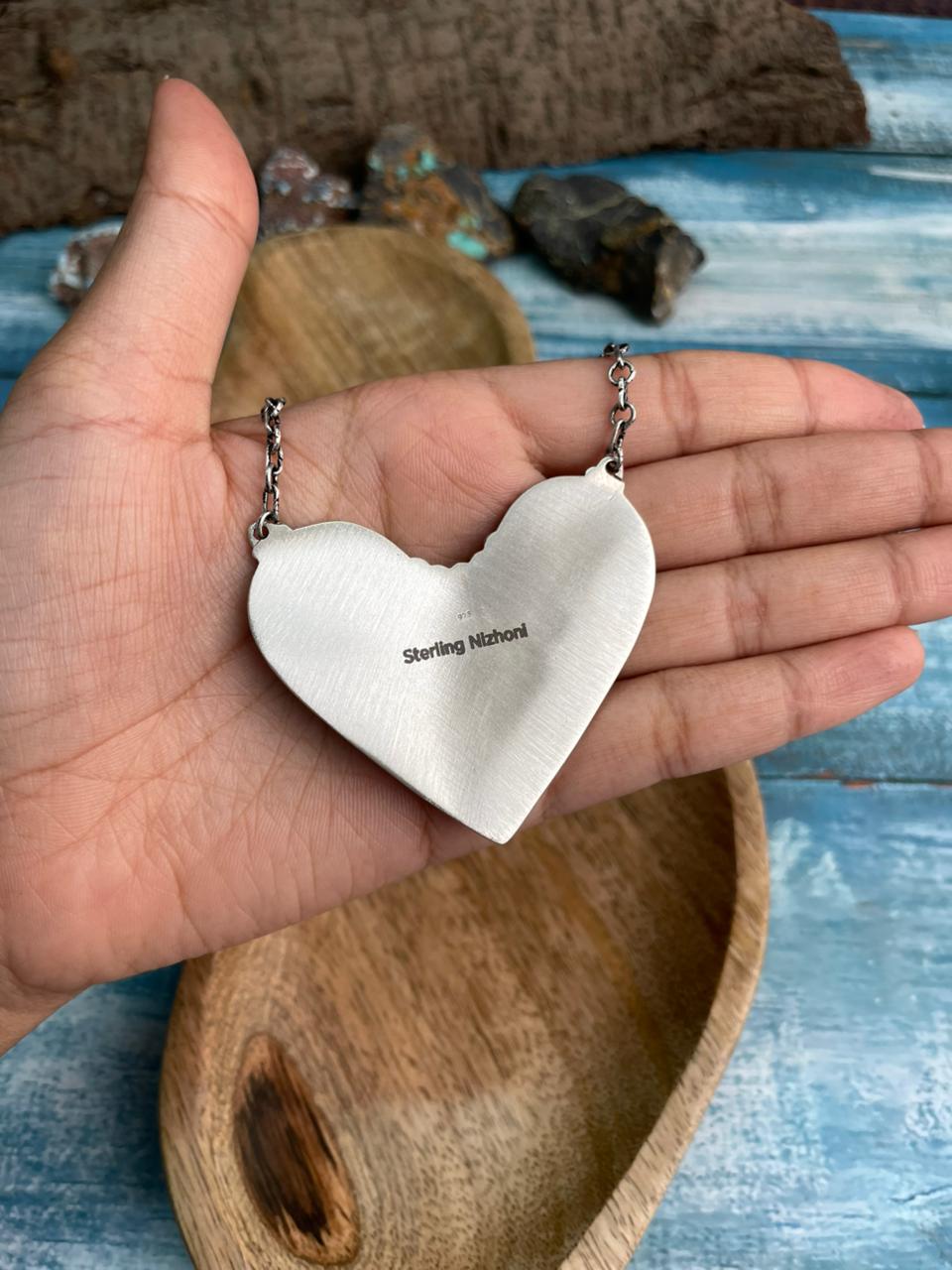 Handmade Sterling Silver Baja Turquoise Collection: Heart Necklace "Signed Nizhoni"