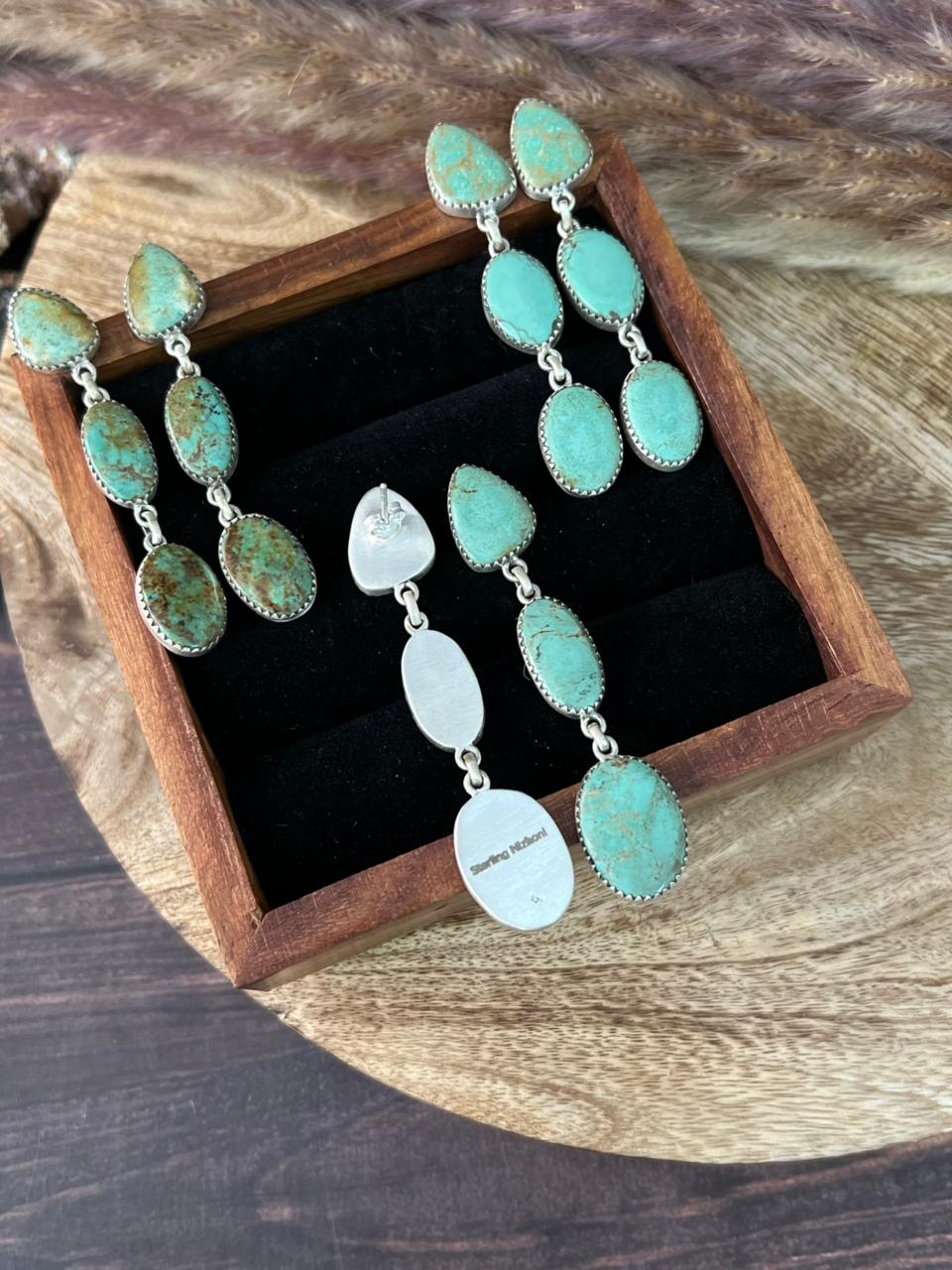 Handmade Sterling Silver Baja Turquoise Collection: Post Dangle Earrings "Signed Nizhoni"