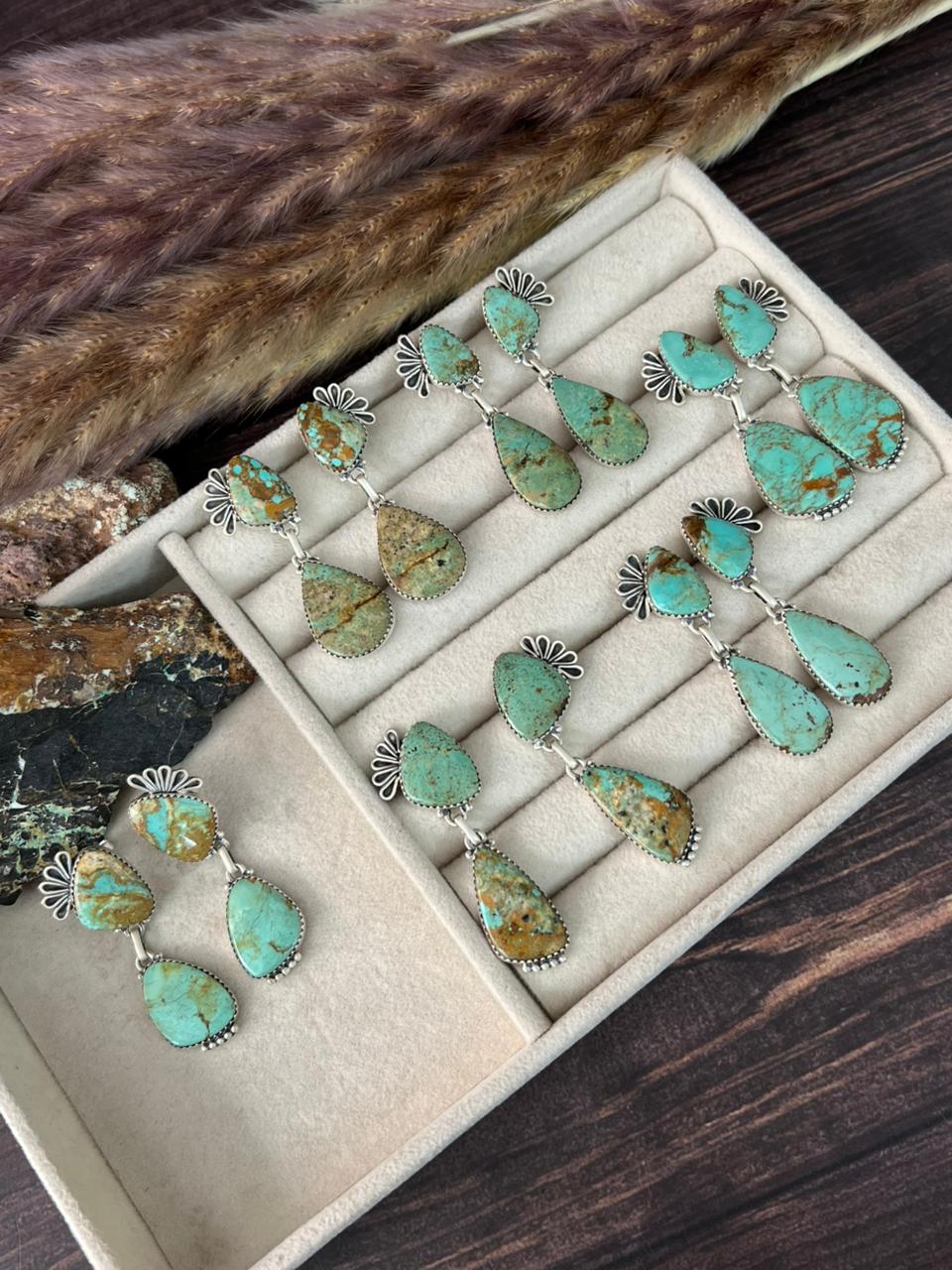 Handmade Sterling Silver Baja Turquoise Collection: Post Dangle Earrings "Signed Nizhoni"