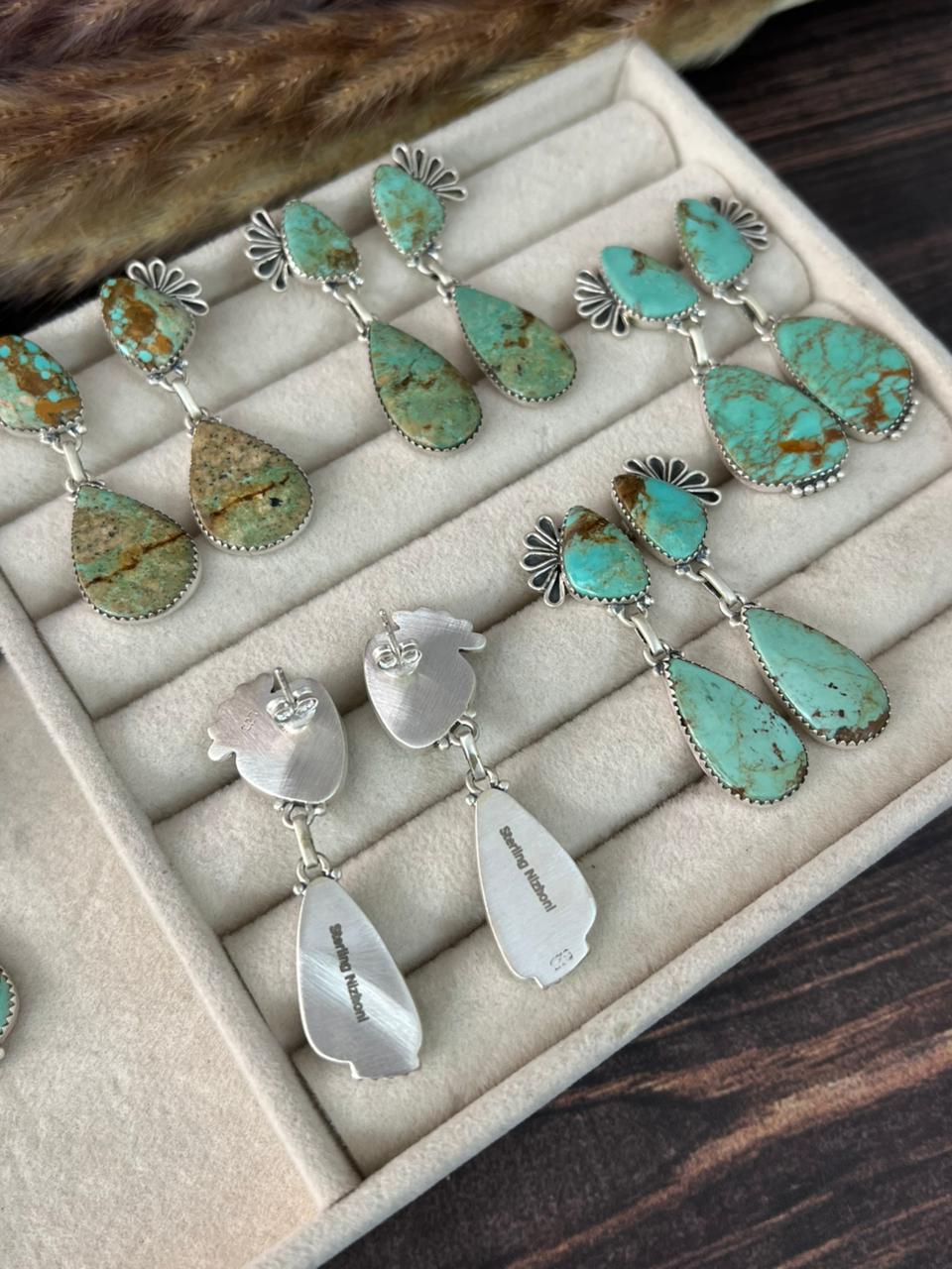 Handmade Sterling Silver Baja Turquoise Collection: Post Dangle Earrings "Signed Nizhoni"
