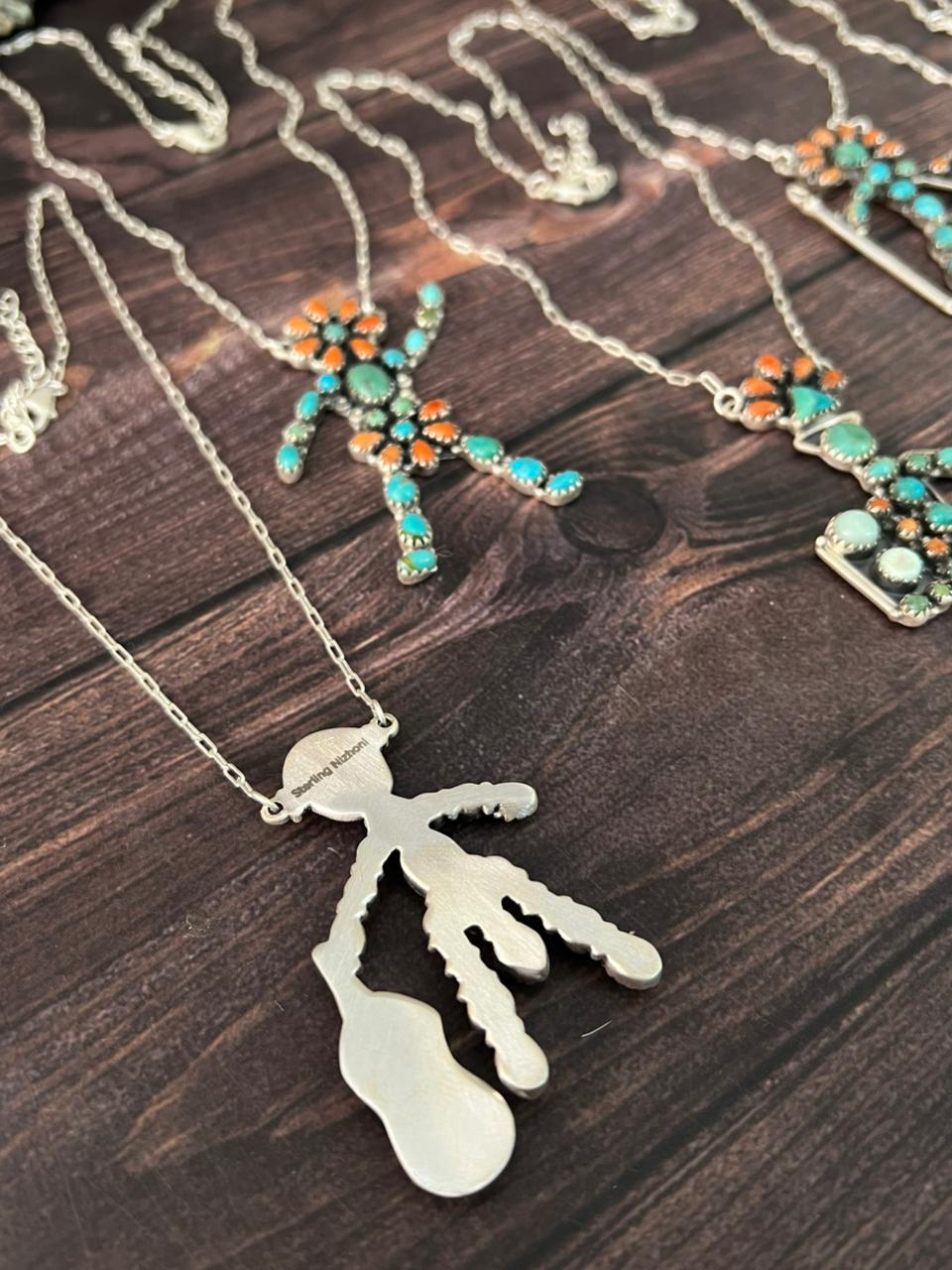 Handmade Sterling Silver Paloma with Kingman Turquoise and Orange Mojave Necklace "Signed Nizhoni"