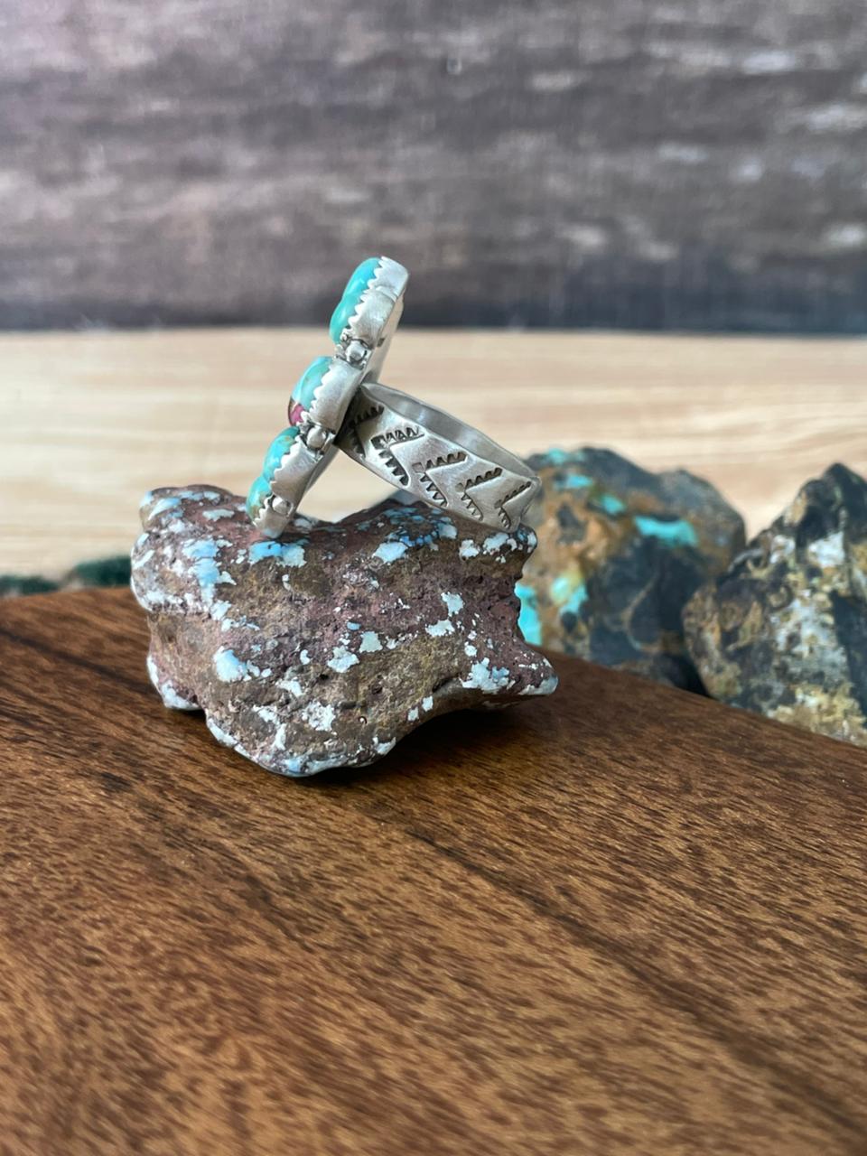 Handmade Sterling Silver Cotton Candy with Kingman Turquoise Adjustable Ring "Signed Nizhoni"