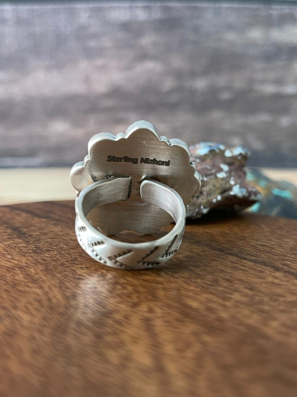 Handmade Sterling Silver Cotton Candy with Kingman Turquoise Adjustable Ring "Signed Nizhoni"