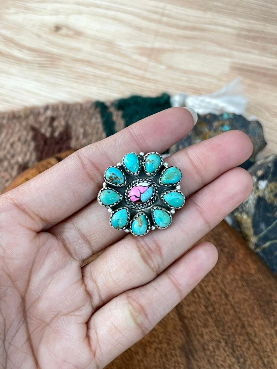Handmade Sterling Silver Cotton Candy with Kingman Turquoise Adjustable Ring "Signed Nizhoni"