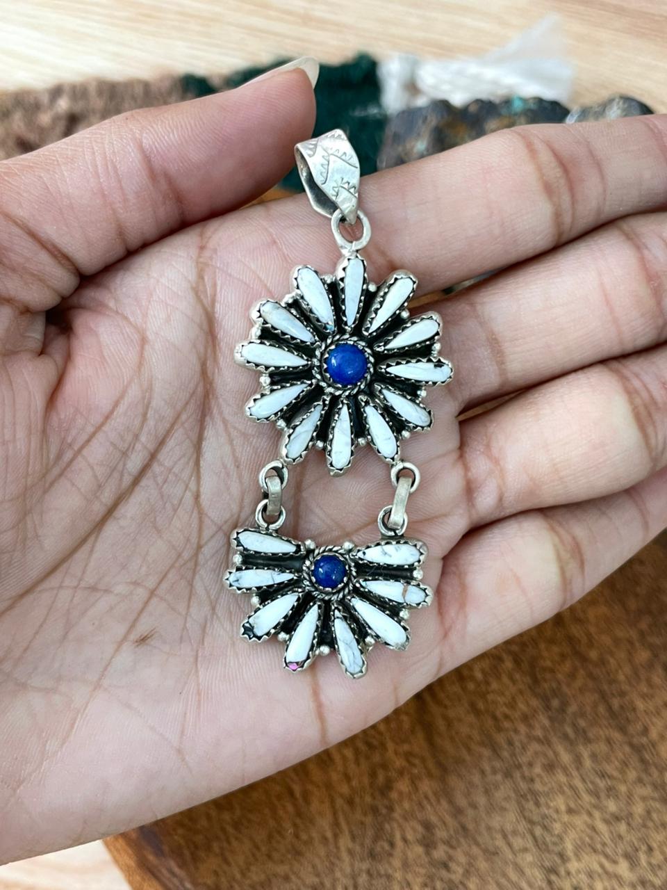Handmade Sterling Silver White Buffalo with Lapis Pendant "Signed Nizhoni"