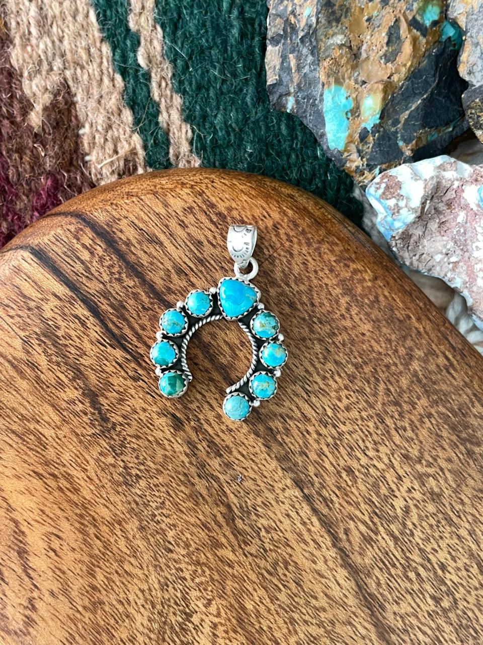 Handmade Sterling Silver Kingman Turquoise Naja Pendant "Signed Nizhoni"