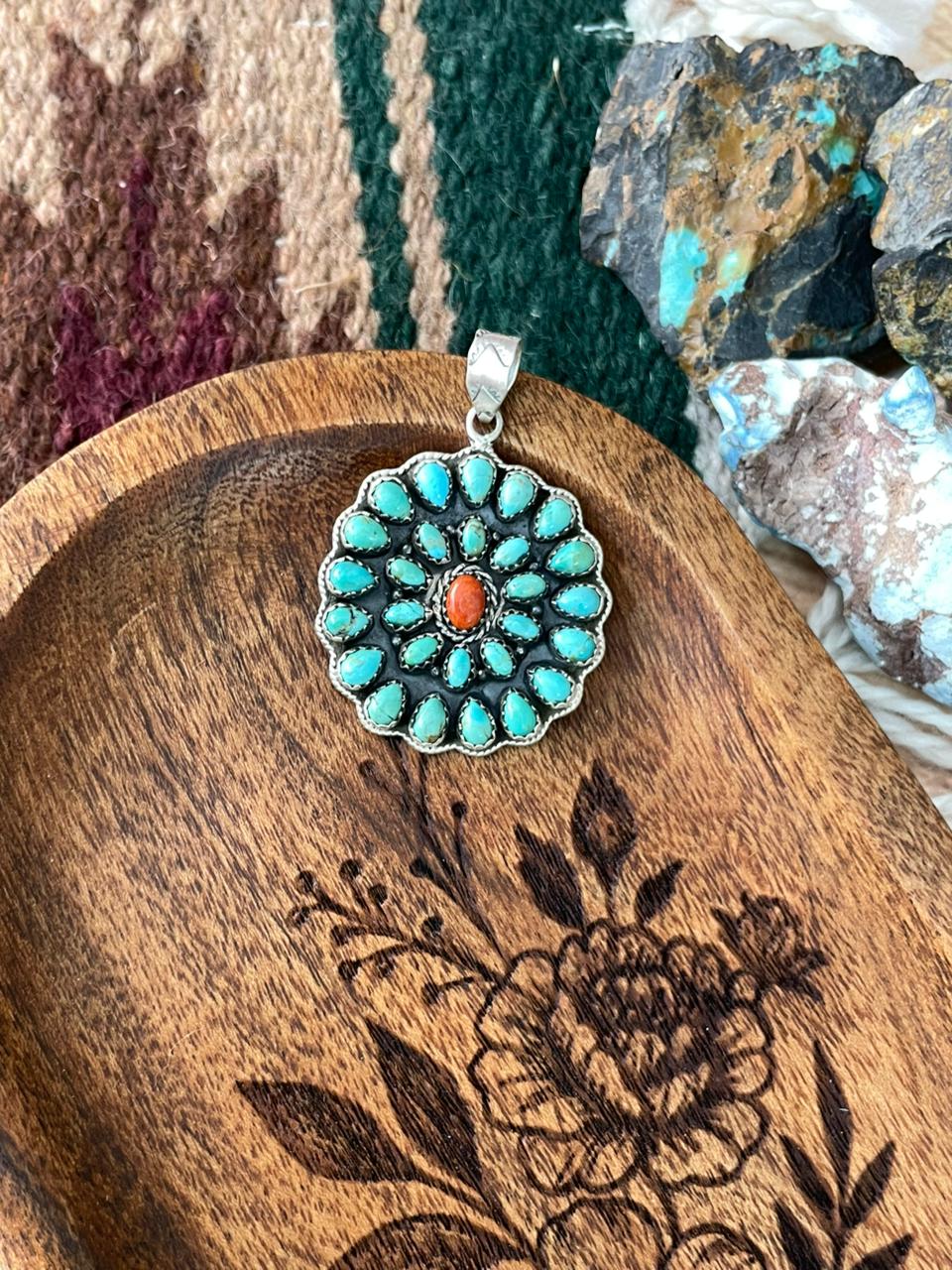 Handmade Sterling Silver Kingman Turquoise with Orange Mojave Pendant "Signed Nizhoni"