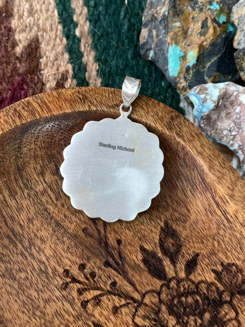 Handmade Sterling Silver Kingman Turquoise with Orange Mojave Pendant "Signed Nizhoni"