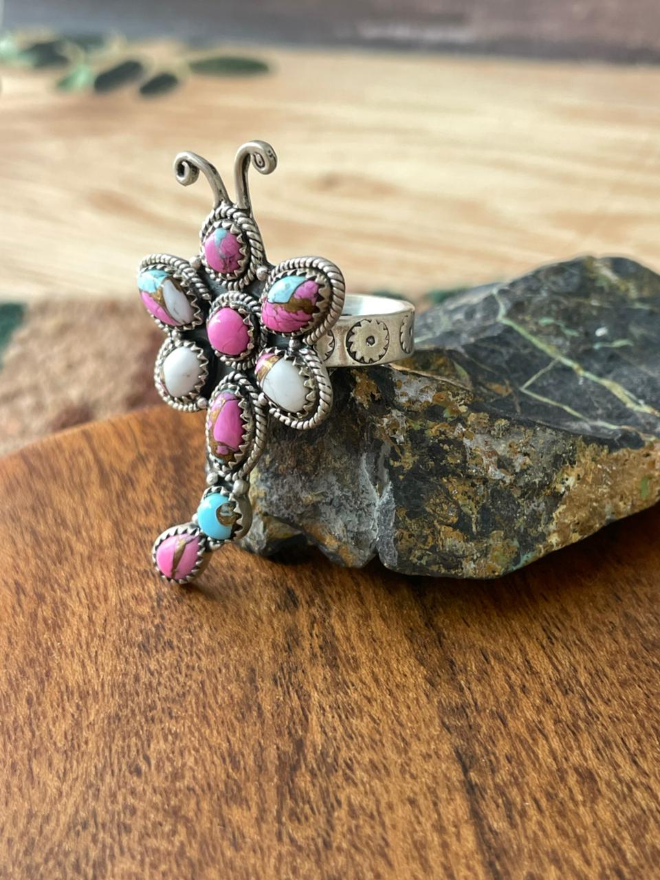 Handmade Sterling Silver Cotton Candy Butterfly Adjustable Ring "Signed Nizhoni"
