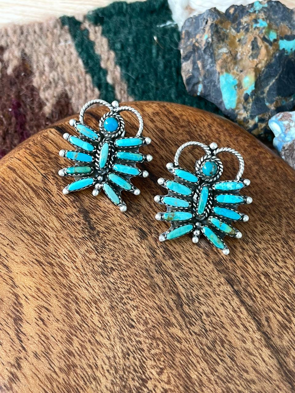 Handmade Sterling Silver Kingman Turquoise Post Studs Earrings "Signed Nizhoni"