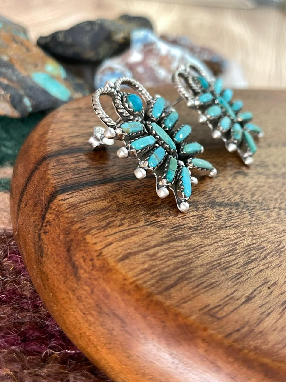 Handmade Sterling Silver Kingman Turquoise Post Studs Earrings "Signed Nizhoni"