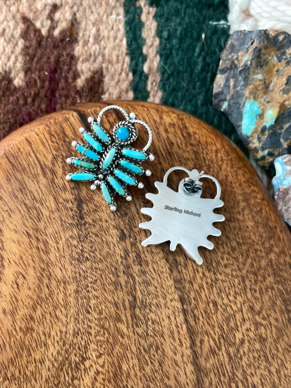 Handmade Sterling Silver Kingman Turquoise Post Studs Earrings "Signed Nizhoni"