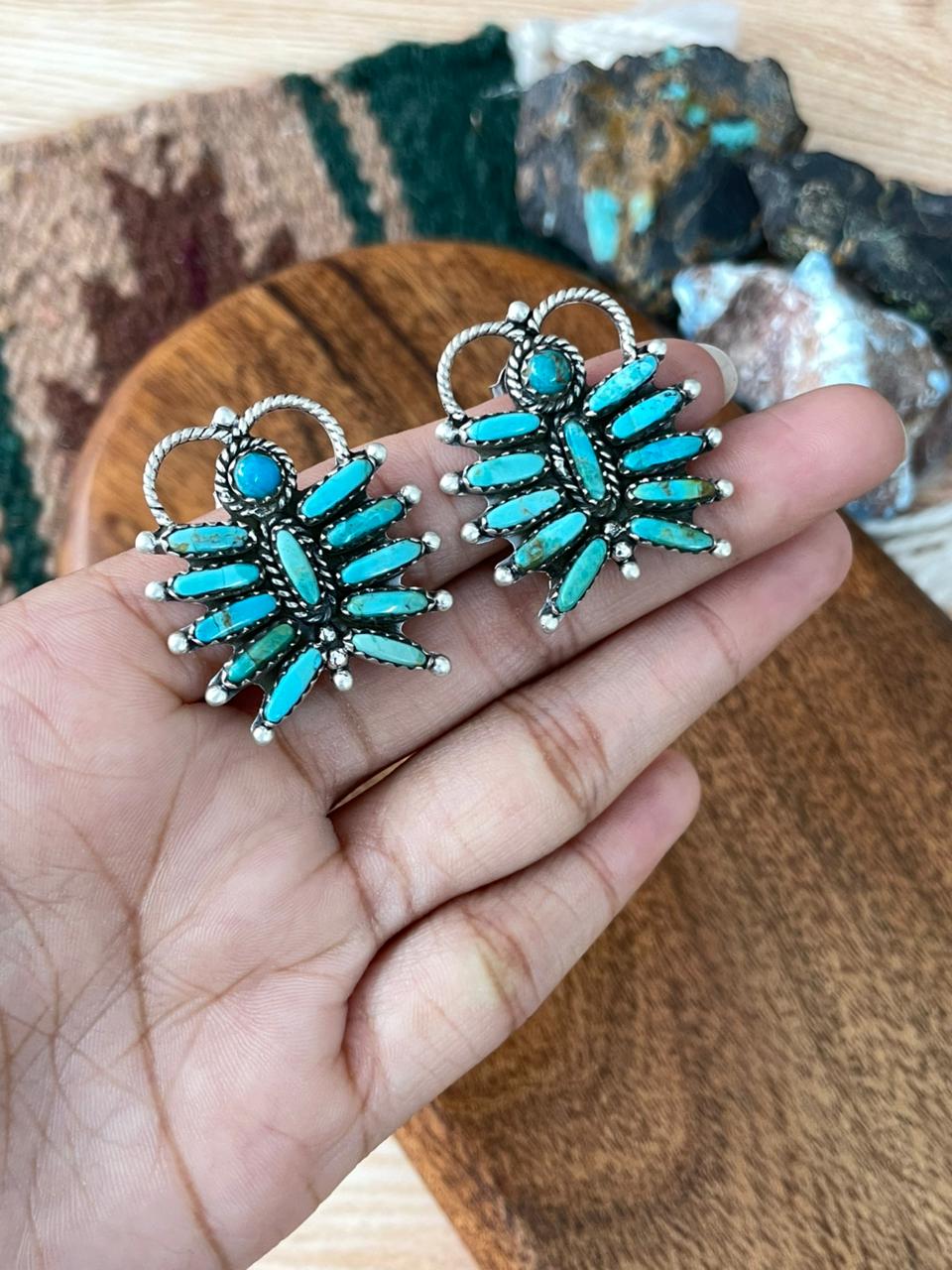 Handmade Sterling Silver Kingman Turquoise Post Studs Earrings "Signed Nizhoni"