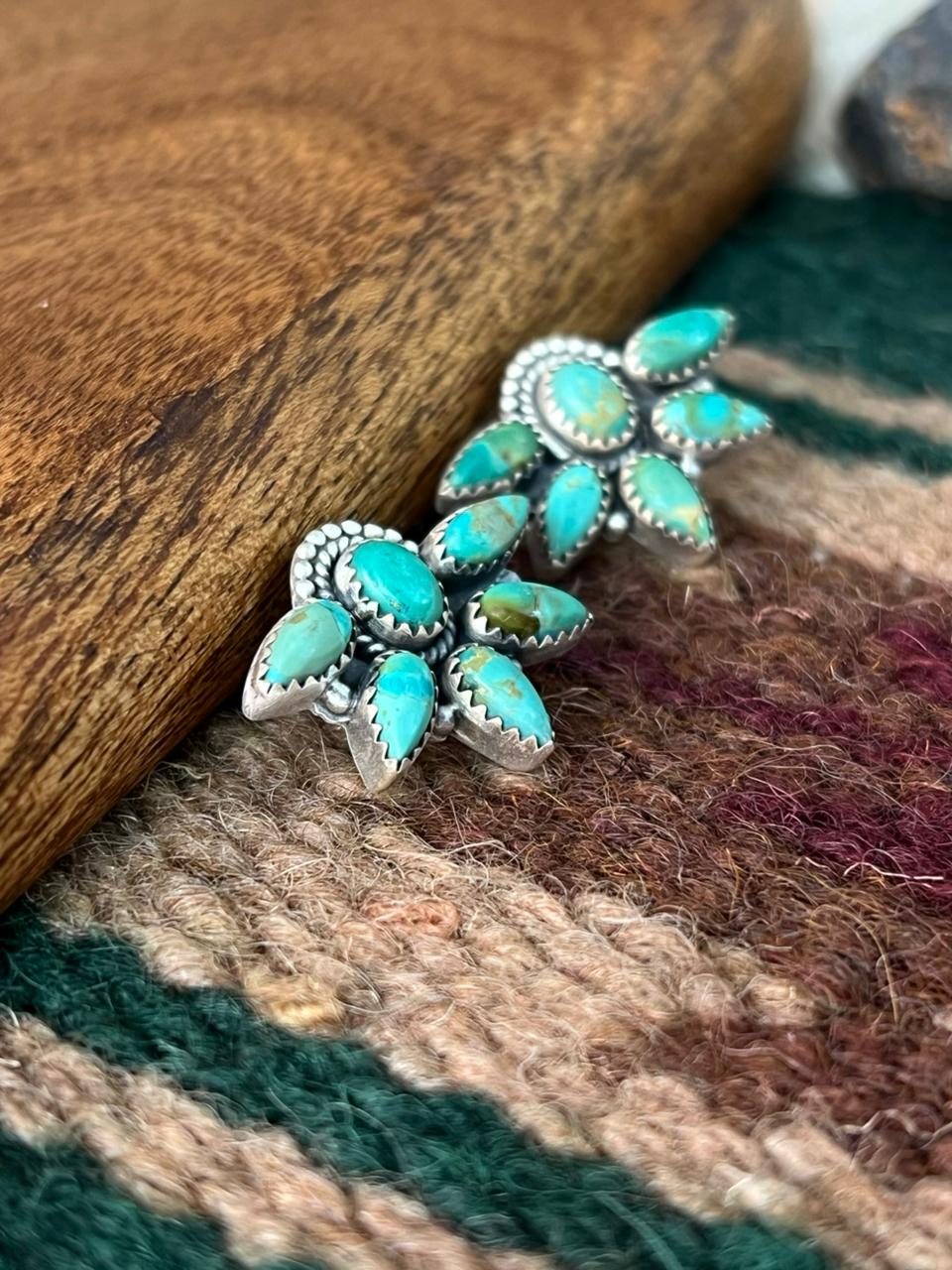 Handmade Sterling Silver Kingman Turquoise Post Studs Earrings "Signed Nizhoni"