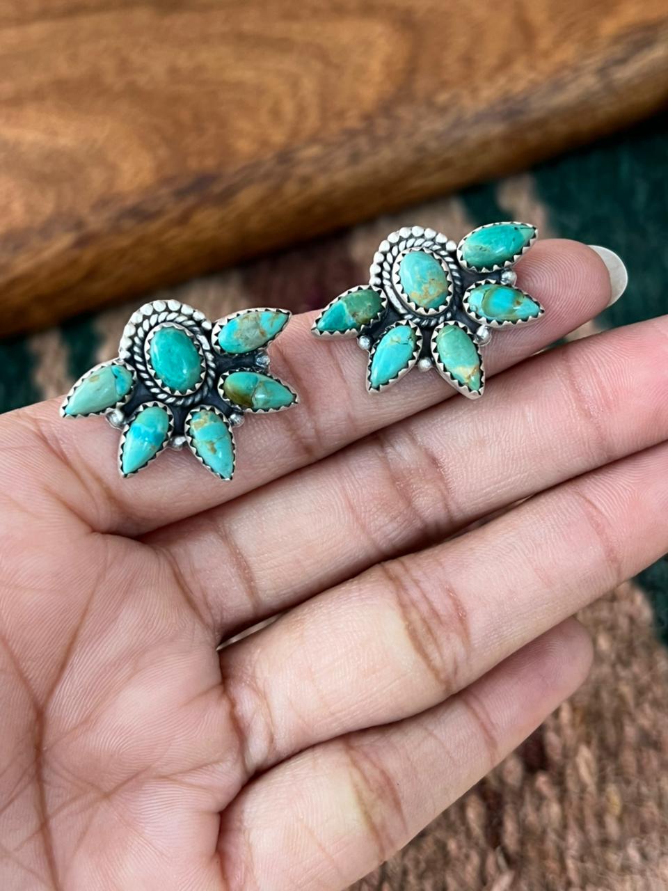 Handmade Sterling Silver Kingman Turquoise Post Studs Earrings "Signed Nizhoni"