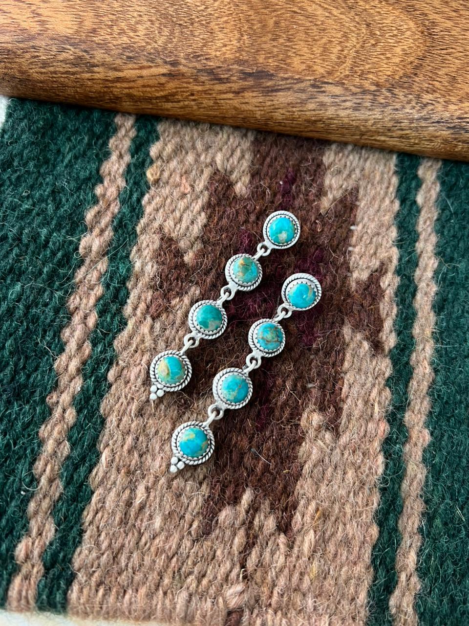 Handmade Sterling Silver Kingman Turquoise Post Dangle Earrings "Signed Nizhoni"