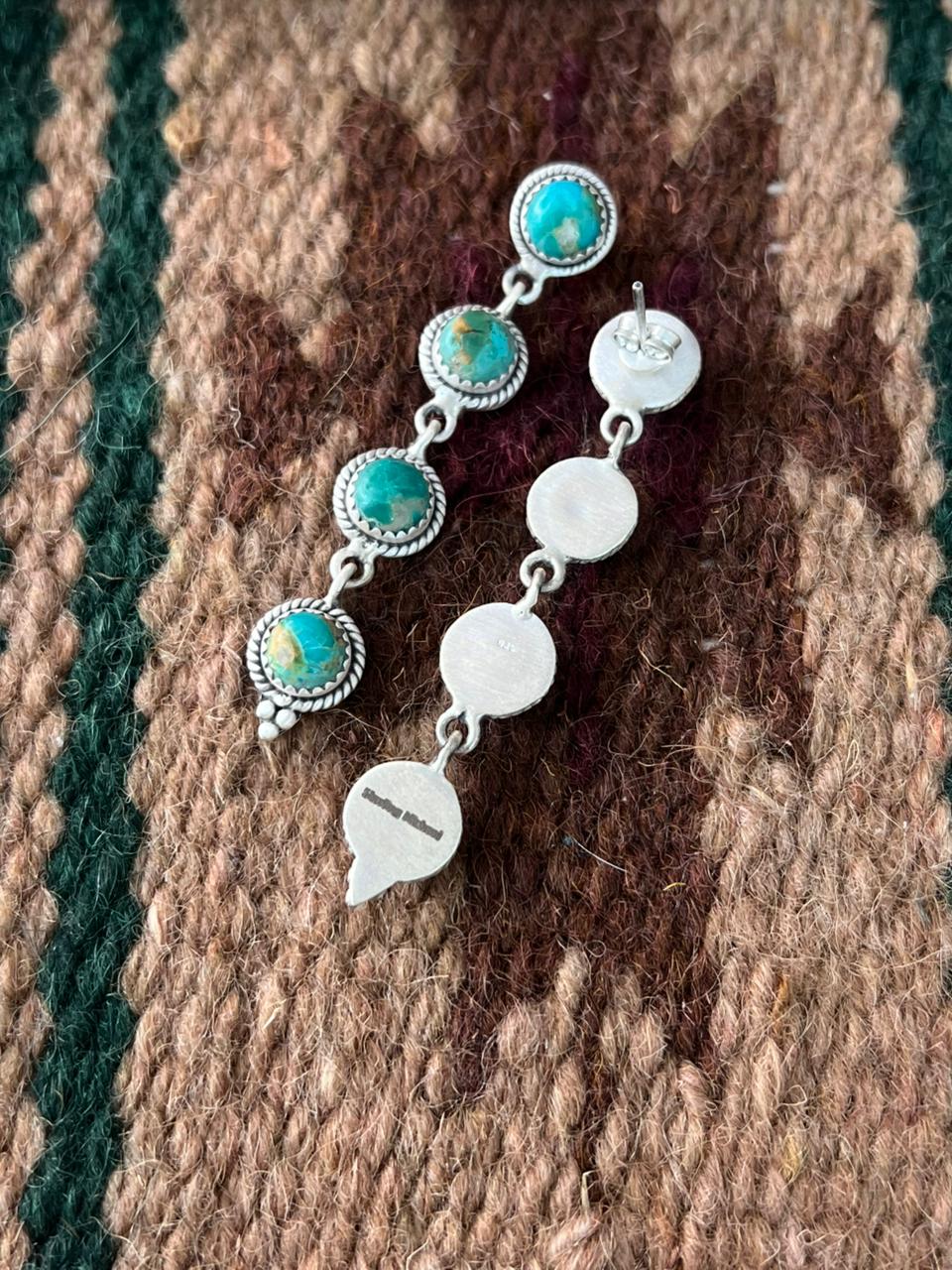 Handmade Sterling Silver Kingman Turquoise Post Dangle Earrings "Signed Nizhoni"
