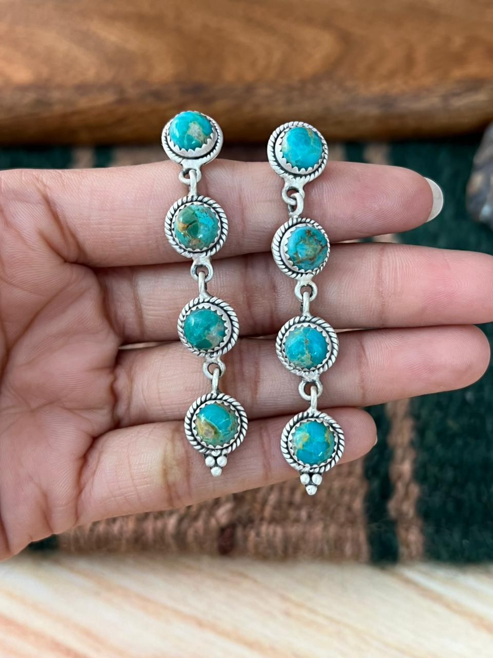 Handmade Sterling Silver Kingman Turquoise Post Dangle Earrings "Signed Nizhoni"