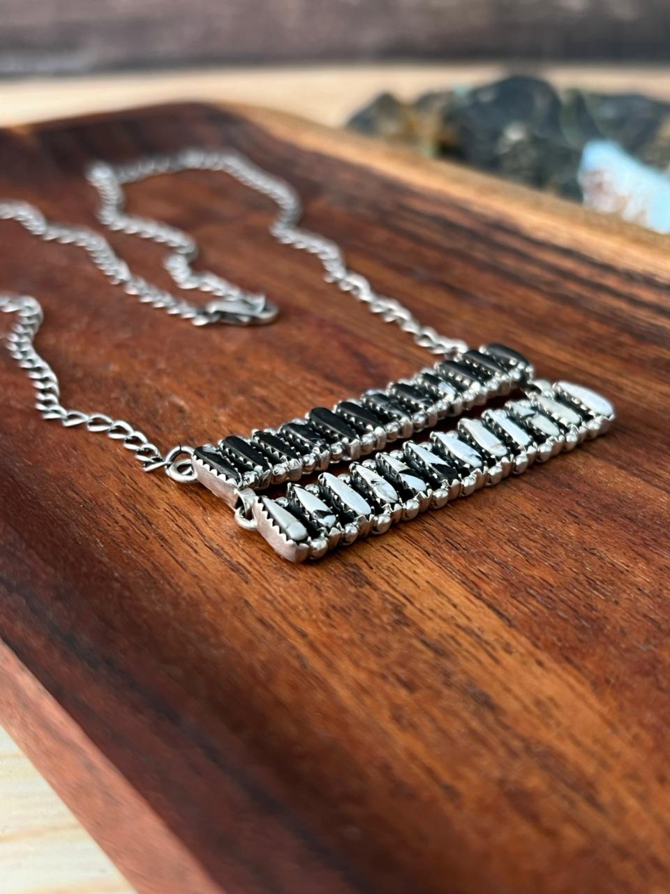 Handmade Sterling Silver White Buffalo Bar Necklace "Signed Nizhoni"