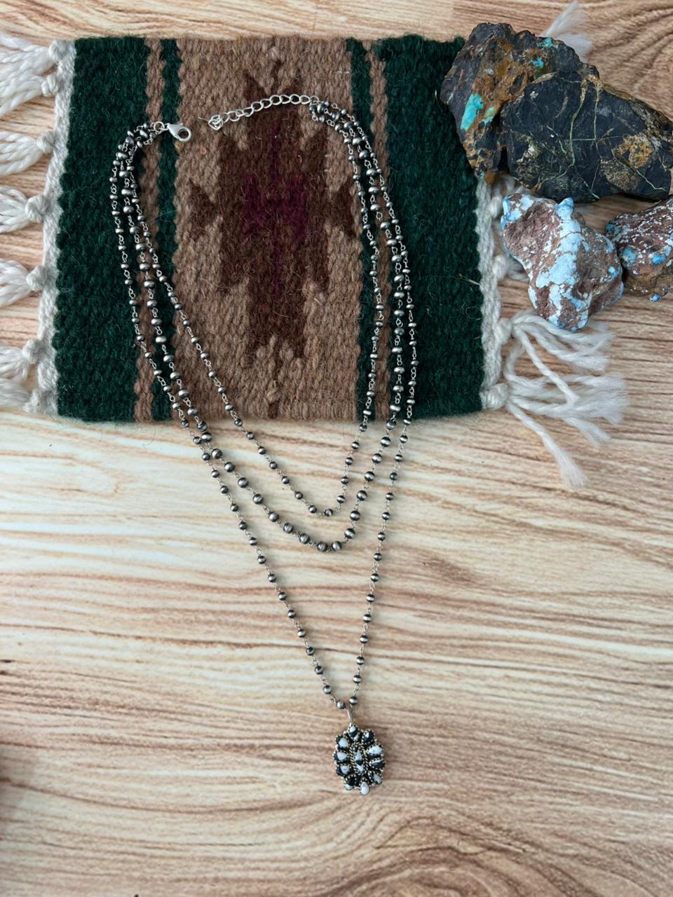 Handmade Sterling Silver White Buffalo Beaded Layerd Necklace "Signed Nizhoni"