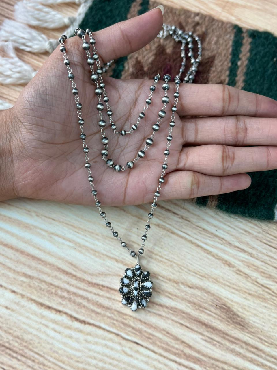 Handmade Sterling Silver White Buffalo Beaded Layerd Necklace "Signed Nizhoni"