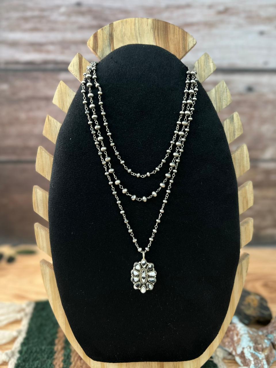 Handmade Sterling Silver White Buffalo Beaded Layerd Necklace "Signed Nizhoni"