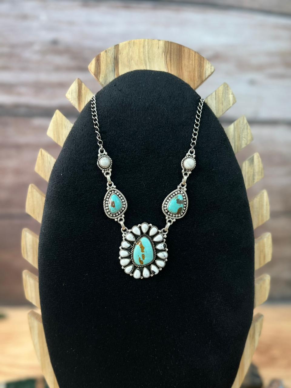 Handmade Sterling Silver White Buffalo with Royston Turquoise Necklace "Signed Nizhoni"