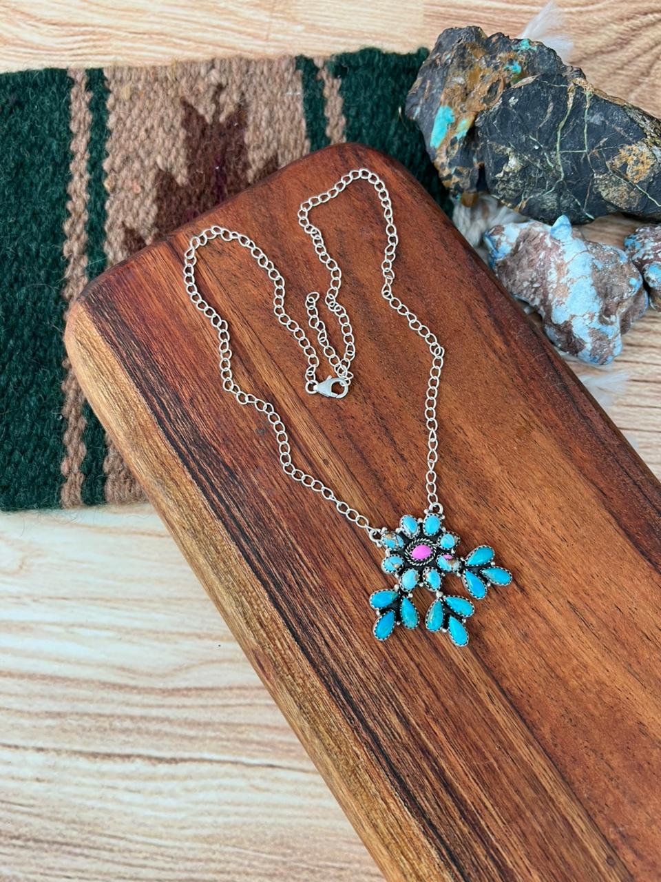 Handmade Sterling Silver Kingman Turquoise with Cotton Candy Necklace "Signed Nizhoni"