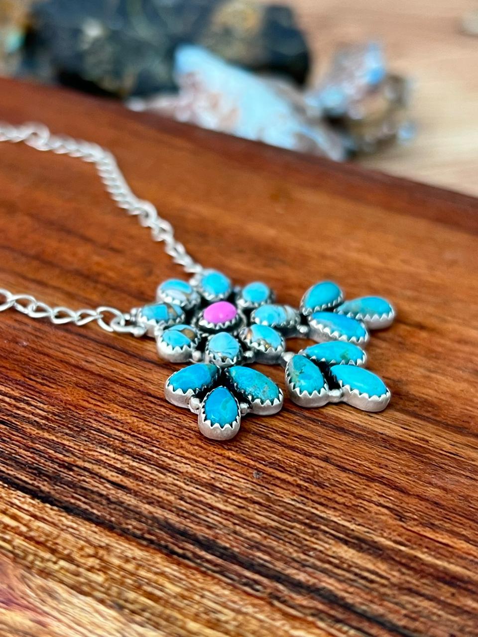 Handmade Sterling Silver Kingman Turquoise with Cotton Candy Necklace "Signed Nizhoni"