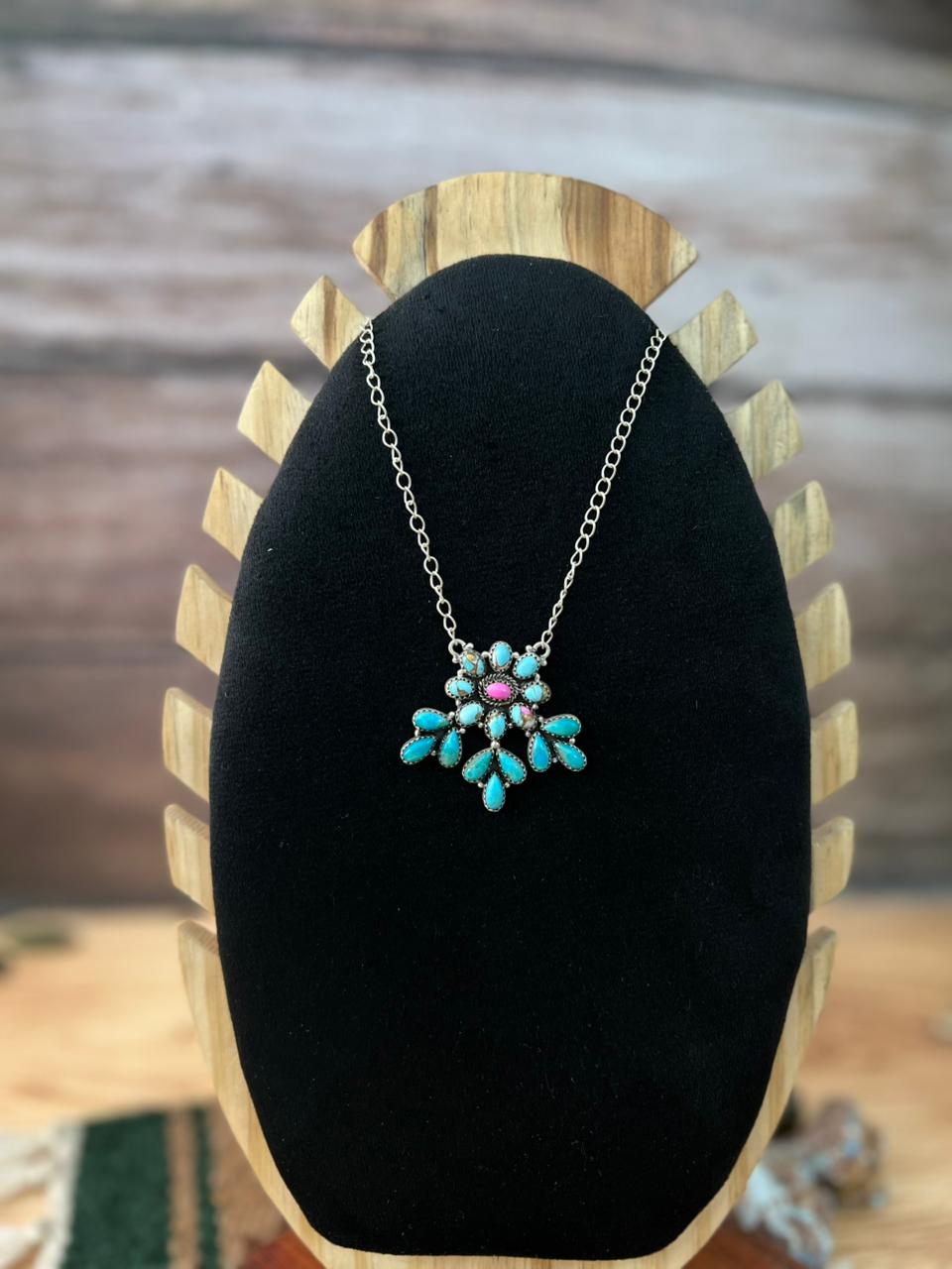 Handmade Sterling Silver Kingman Turquoise with Cotton Candy Necklace "Signed Nizhoni"