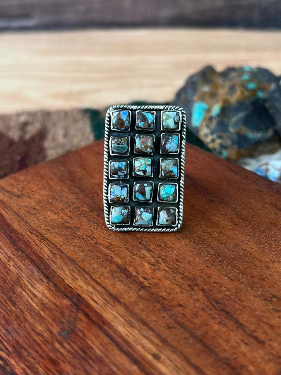 Handmade Sterling Silver Matrix Golden Hills Turquoise Adjustable Ring "Signed Nizhoni"