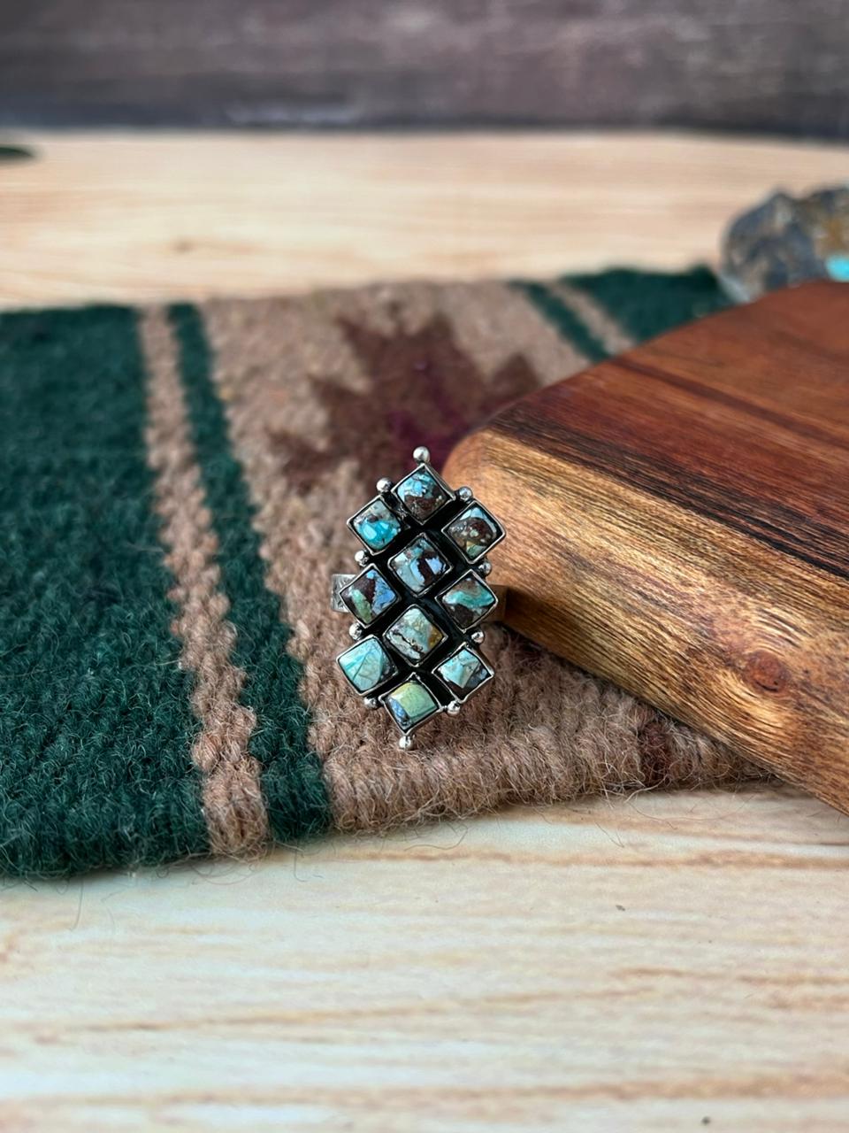 Handmade Sterling Silver Matrix Golden Hills Turquoise Adjustable Ring "Signed Nizhoni"