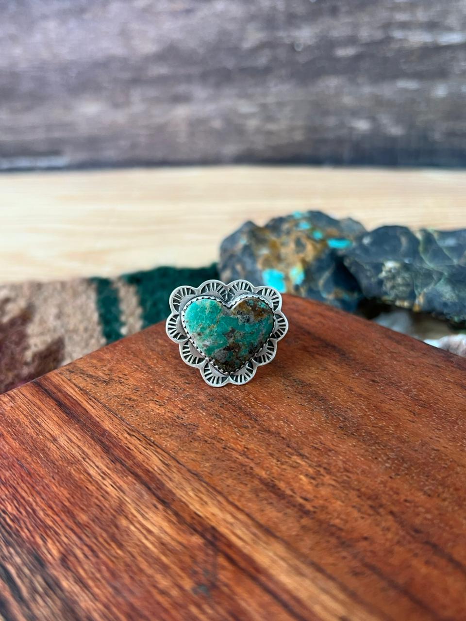 Handmade Sterling Silver Manassa Turquoise Heart Adjustable Ring "Signed Nizhoni"
