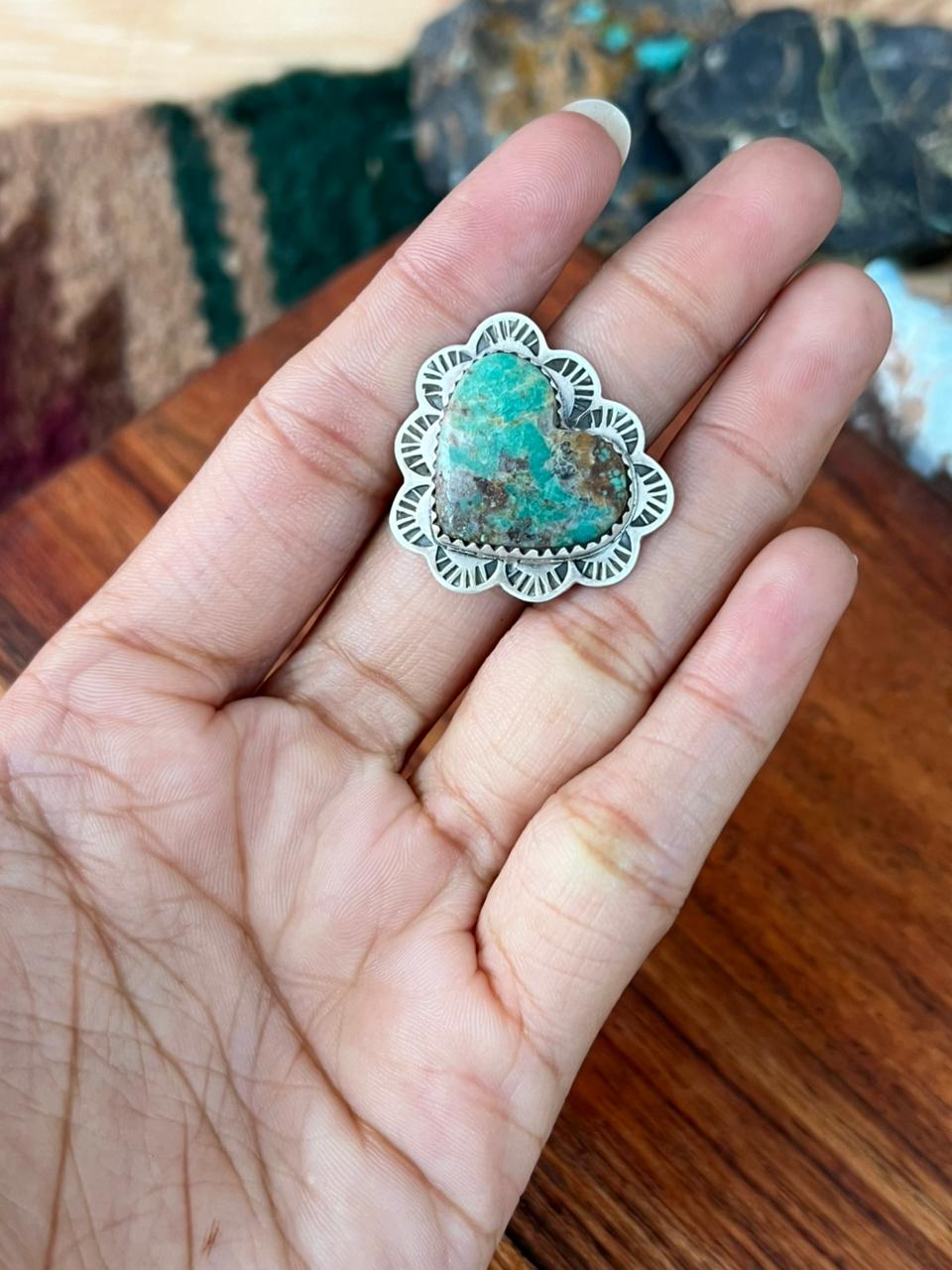 Handmade Sterling Silver Manassa Turquoise Heart Adjustable Ring "Signed Nizhoni"