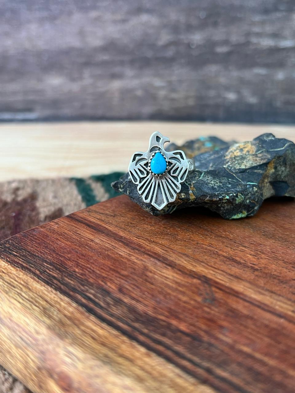 Handmade Sterling Silver Kingman Turquoise Thunderbird Adjustable Ring "Signed Nizhoni"